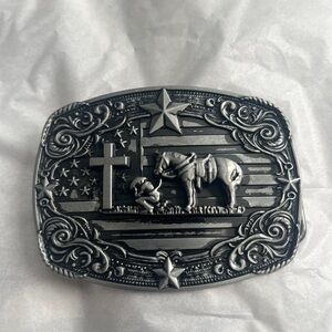 Silver Patina Western Belt Buckle with Stars Stripes and Cross